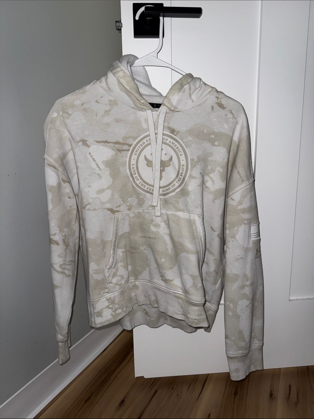 Project Rock Camo Print Pullover Hoodie in Taupe and Cream